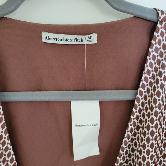 Abercrombie M Tall Mini Wrap Dress Brown Geometric Pattern Puff Long Sleeve - Picture 9 of 10